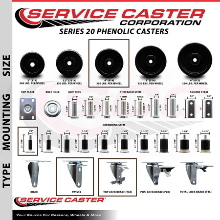 Service Caster 4'' SS Phenolic Swivel 3/4'' Expanding Stem Caster with Brake SCC-SSEX20S414-PHS-TLB-34